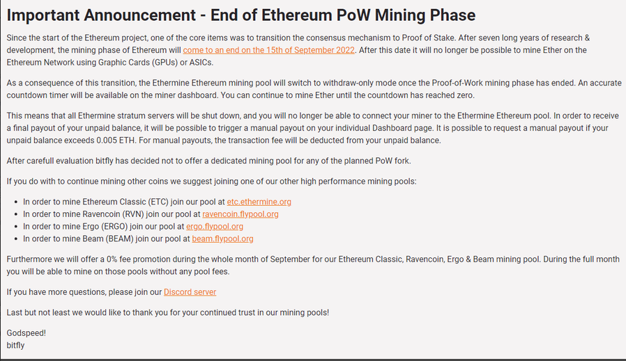 Ethermine beendet die ETH PoW Mining Services
